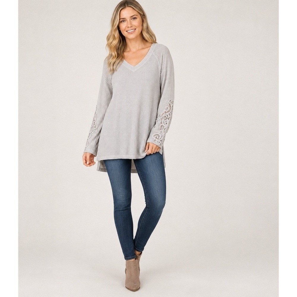 Soft Surroundings Thermal Waffle Knit Top Womens Small White‎ Crochet Sleeve